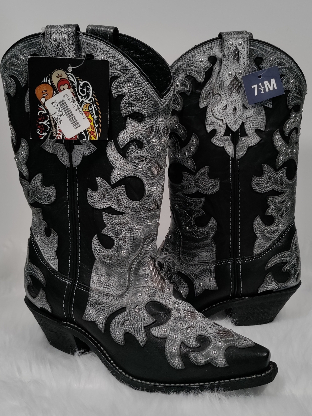 Rockin Country Collection RC5101 Black Silver Leather Western Cowboy Boots 7.5M